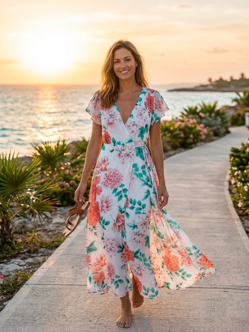 Eva Mendes Floral Wrap Maxi Dress White Pink Green Size L